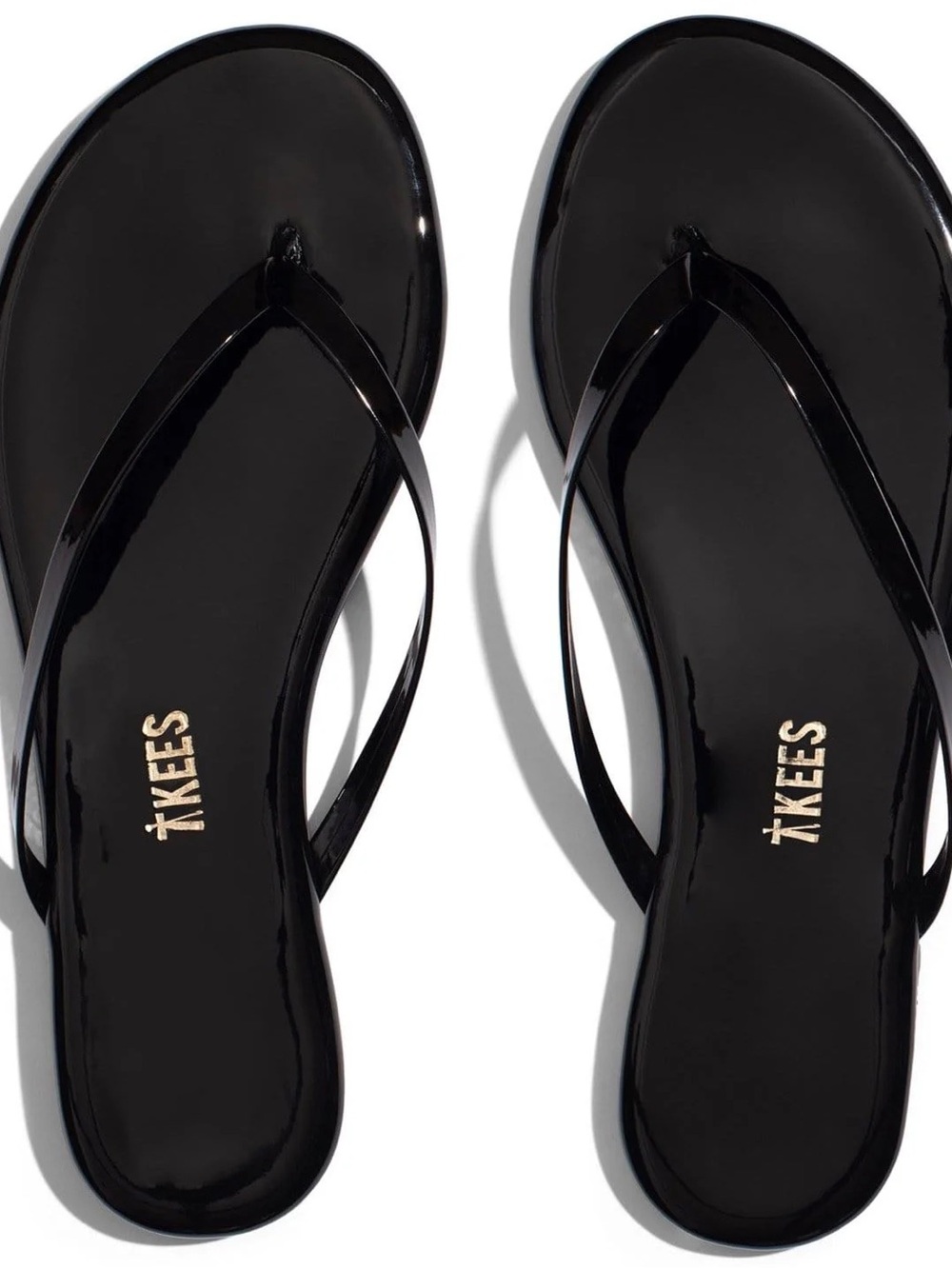TKEES Black Glossy Thong Sandals with Gold Logo